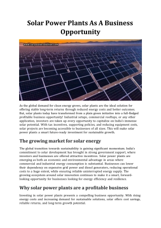 Solar Power Plants As A Business Opportunity