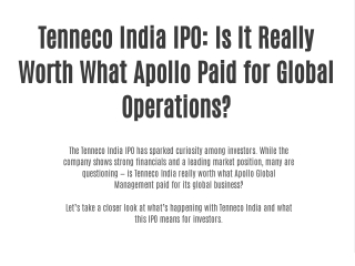 Tenneco India IPO: Is It Really Worth What Apollo Paid for Global Operations?