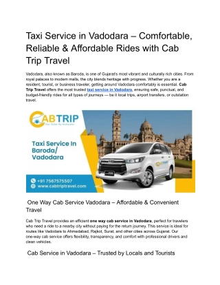 Taxi Service in Vadodara – Comfortable, Reliable & Affordable Rides with Cab Trip Travel