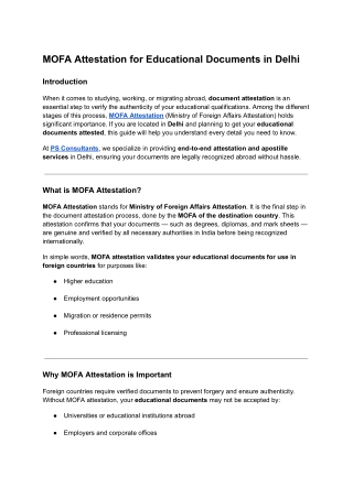 MOFA Attestation for Educational Documents in Delhi