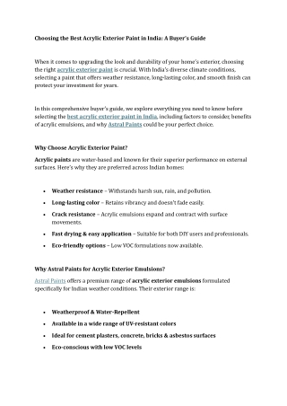 Choosing the Best Acrylic Exterior Paint in India A Buyer’s Guide