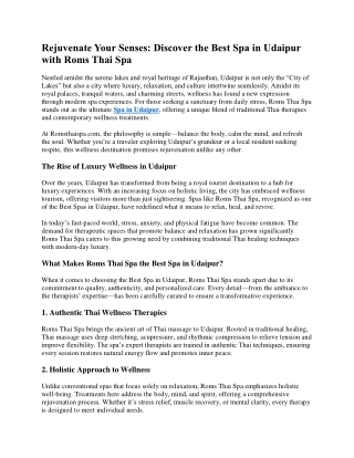 Rejuvenate Your Senses: Discover the Best Spa in Udaipur with Roms Thai Spa