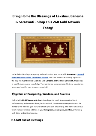 Bring Home the Blessings of Lakshmi, Ganesha & Saraswati – Shop This 24K Gold Artwork Today!