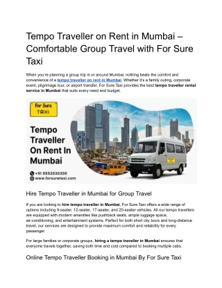 Tempo Traveller on Rent in Mumbai – Comfortable Group Travel with For Sure Taxi