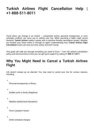 Turkish Airlines Flight Cancellation Help   1-888-511-8011