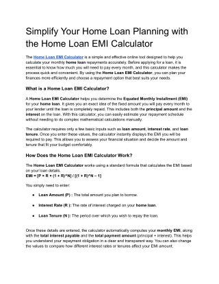 Simplify Your Home Loan Planning with the Home Loan EMI Calculator