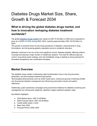 Diabetes Drugs Market Size, Share, Growth & Forecast 2034