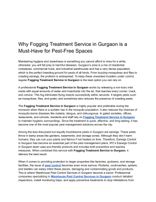 Why Fogging Treatment Service in Gurgaon is a Must-Have for Pest-Free Spaces