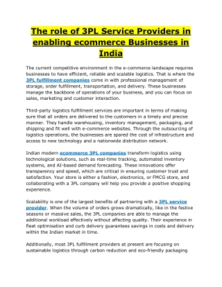 The role of 3PL Service Providers in enabling ecommerce Businesses in India