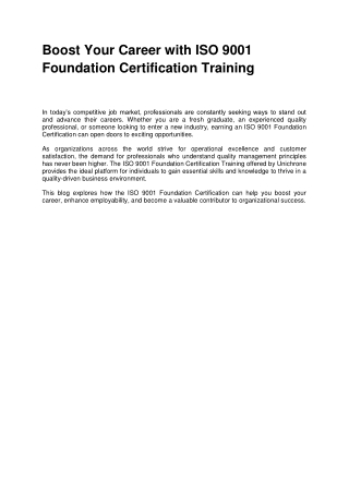 Boost Your Career with ISO 9001 Foundation Certification Training