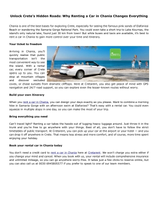 Unlock Crete’s Hidden Roads: Why Renting a Car in Chania Changes Everything