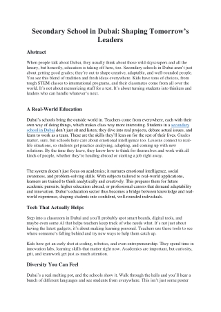 Secondary School in Dubai: Shaping Tomorrow’s Leaders