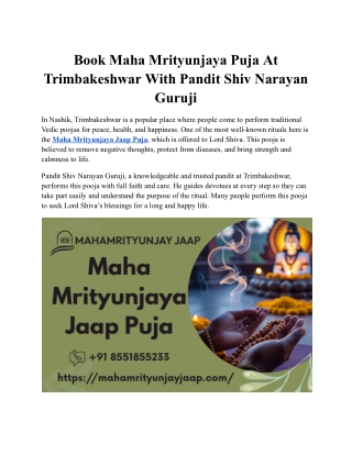 Book Maha Mrityunjaya Puja At Trimbakeshwar With Pandit Shiv Narayan Guruji
