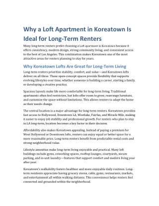 Why a Loft Apartment in Koreatown Is Ideal for Long-Term Renters