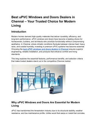 Best uPVC Windows and Doors Dealers in Chennai – Your Trusted Choice for Modern Living