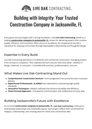 Construction Company Jacksonville FL  Live Oak Contracting Experts