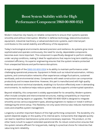 Boost System Stability with the High Performance Component 5960-00-800-0524