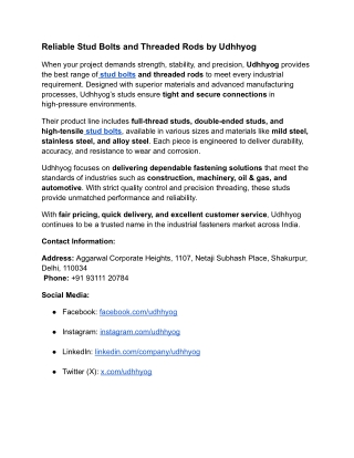 Reliable Stud Bolts and Threaded Rods by Udhhyog