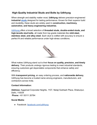 High-Quality Industrial Studs and Bolts by Udhhyog