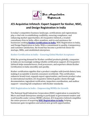 JCS Acquistive Infotech Expert Support for Kosher, NSIC, and Design Registration in India