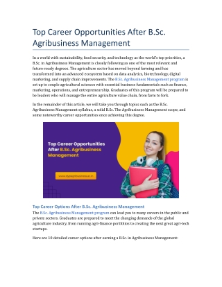Top Career Opportunities After B.Sc. Agribusiness Management