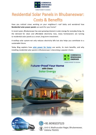 Residential Solar Panels in Bhubaneswar- Costs & Benefits