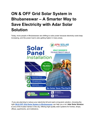 ON & OFF Grid Solar System in Bhubaneswar – A Smarter Way to Save Electricity with Adar Solar Solution