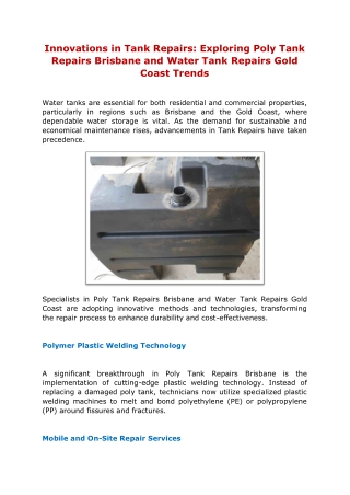 Innovations in Tank Repairs Exploring Poly Tank Repairs Brisbane and Water Tank Repairs Gold Coast Trends