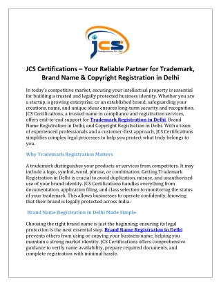 JCS Certifications – Your Reliable Partner for Trademark, Brand Name & Copyright Registration in Delhi