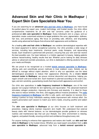 Advanced Skin and Hair Clinic in Madhapur _ Expert Skin Care Specialists Near You