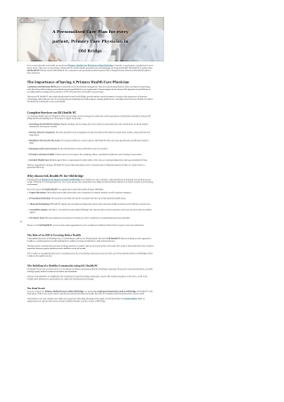 A Personalised Care Plan for every patient, Primary Care Physician in Old Bridge