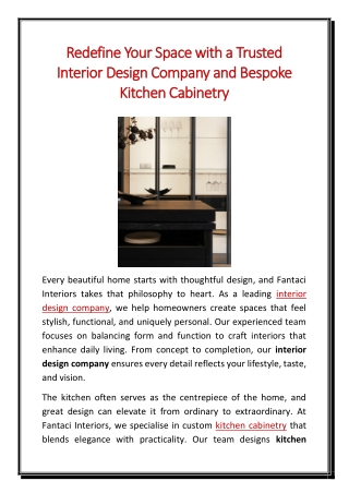 Redefine Your Space with a Trusted Interior Design Company and Bespoke Kitchen Cabinetry