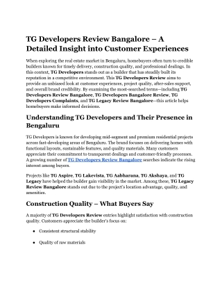 TG Developers Review Bangalore – A Detailed Insight into Customer Experiences