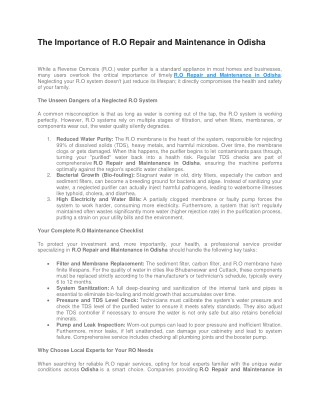 The Importance of R.O Repair and Maintenance in Odisha