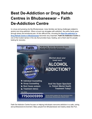 Best De-Addiction or Drug Rehab Centres in Bhubaneswar