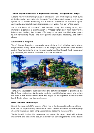 Tiana’s Bayou Adventure: A Joyful New Journey Through Music, Magic