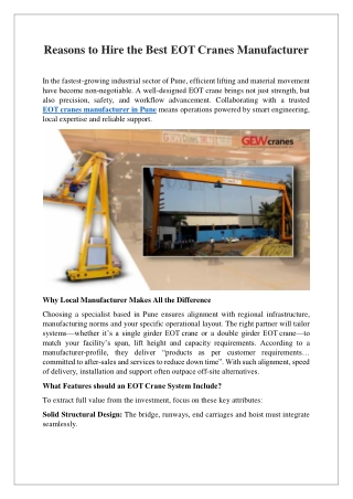 Reasons to Hire the Best EOT Cranes Manufacturer