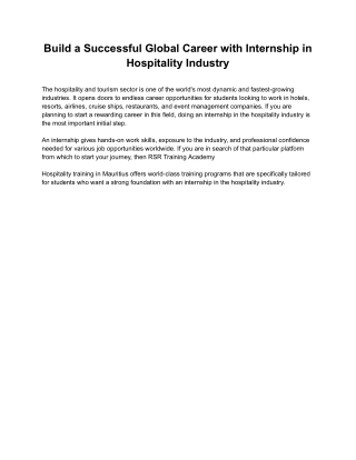 Build a Successful Global Career with Internship in Hospitality Industry