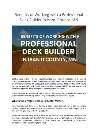 Benefits of Working with a Professional Deck Builder in Isanti County MN