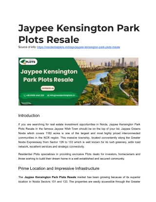 Jaypee Kensington Park Plots Resale