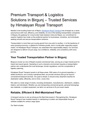 Premium Transport & Logistics Solutions in Birgunj – Trusted Services by Himalayan Royal Transport