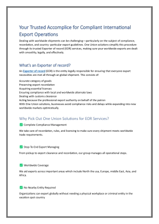 Exporter of Record Services by One Union Solutions – Global Compliance Partner
