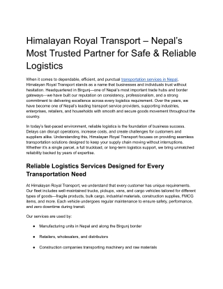 Himalayan Royal Transport – Nepal’s Most Trusted Partner for Safe & Reliable Logistics