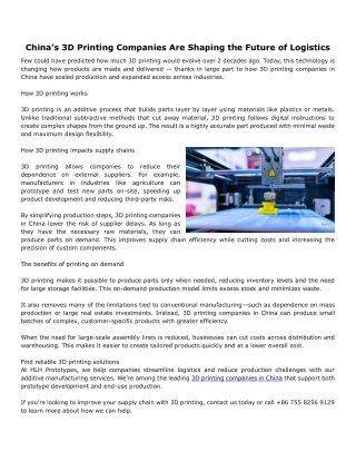 China’s 3D Printing Companies Are Shaping the Future of Logistics