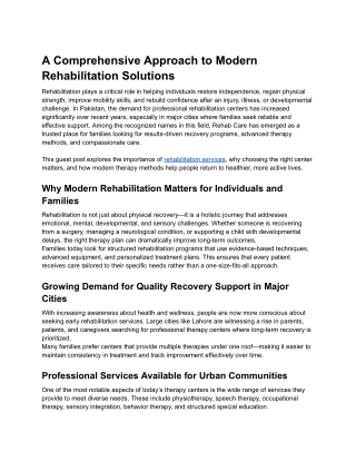 A Comprehensive Approach to Modern Rehabilitation Solutions