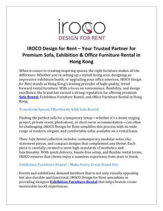 IROCO Design for Rent – Your Trusted Partner for Premium Sofa, Exhibition & Office Furniture Rental in Hong Kong