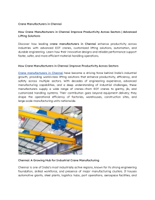 Crane Manufacturers in Chennai Improve Productivity Across Sectors