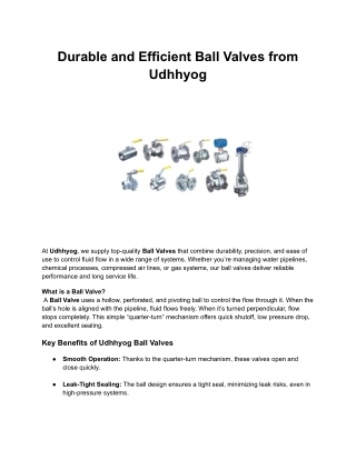 Durable and Efficient Ball Valves from Udhhyog