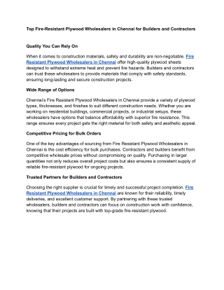 Top Fire-Resistant Plywood Wholesalers in Chennai for Builders and Contractors