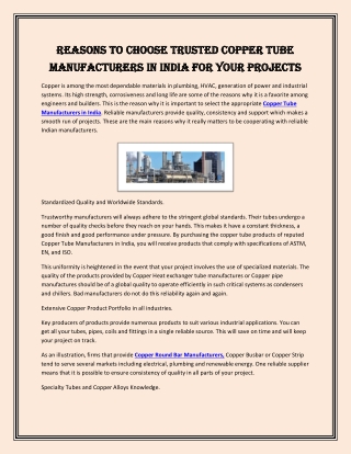 Reasons to Choose Trusted Copper Tube Manufacturers in India for Your Projects